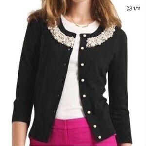 Kate Spade Pearl Crystal Rhinestone Beaded Preppy Sweater Cardigan Black L